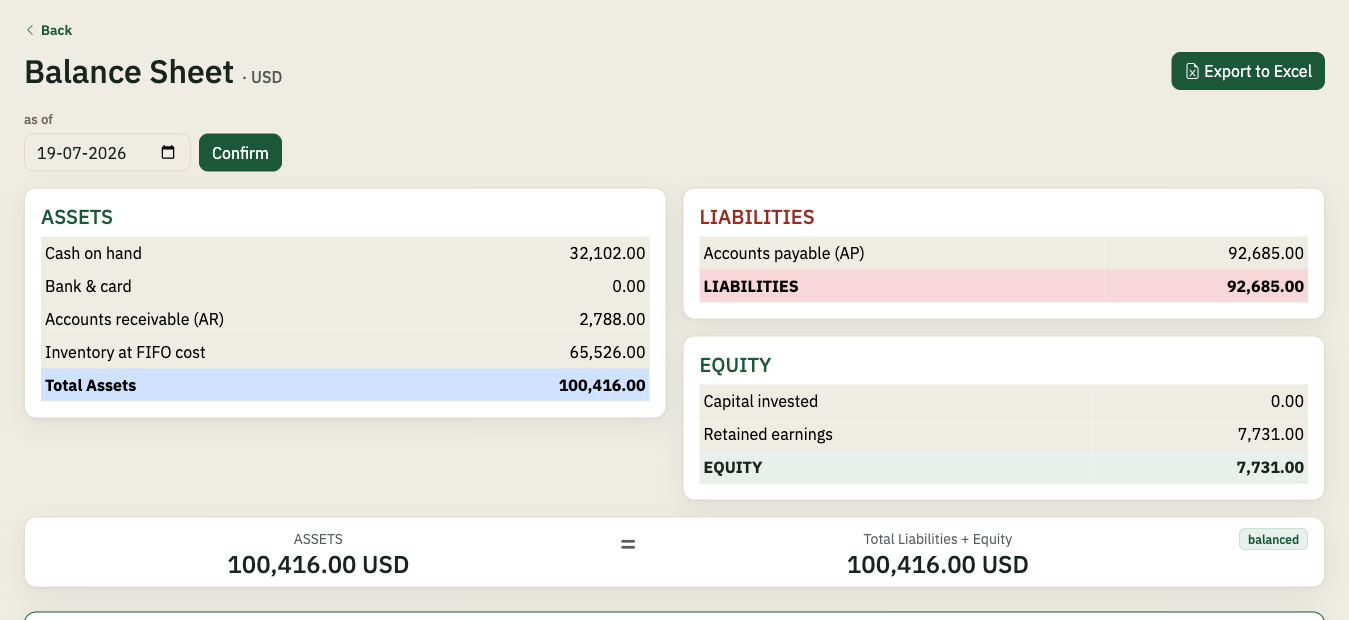 Balance sheet — assets, liabilities and equity in two currencies