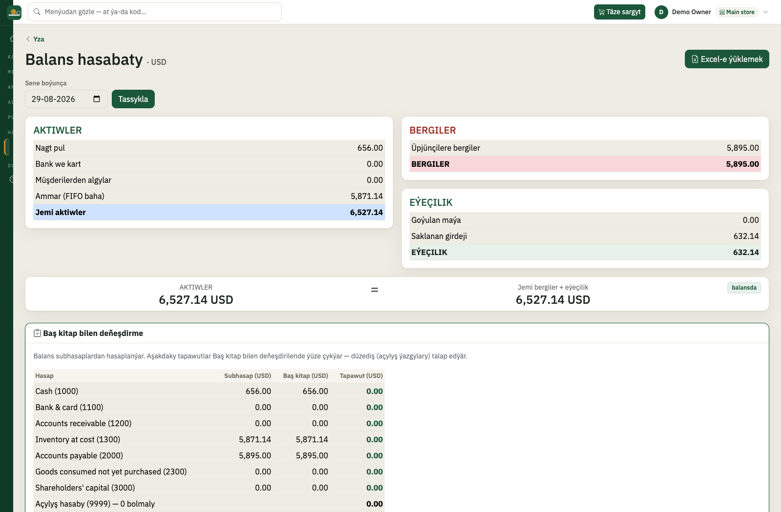 Balance sheet — assets, liabilities and equity in two currencies