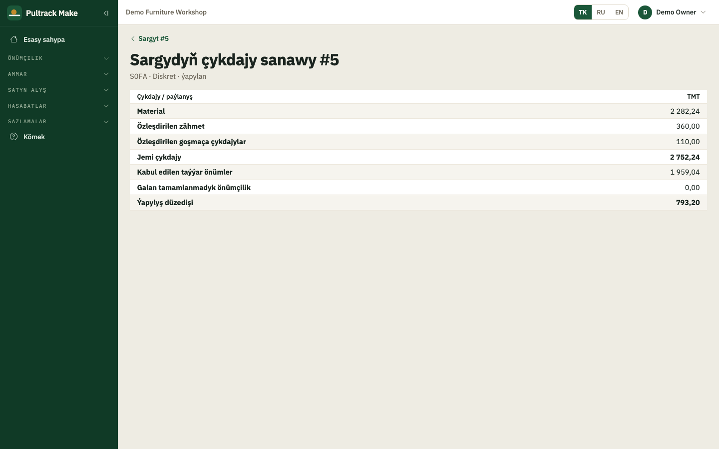 Job cost sheet — material, labour and overhead for a closed order, the finished goods received and the close adjustment