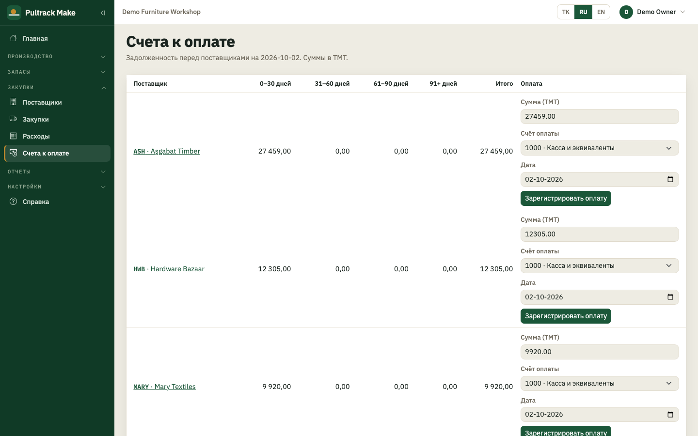 Payables — open balances per supplier, aged, with payment entry